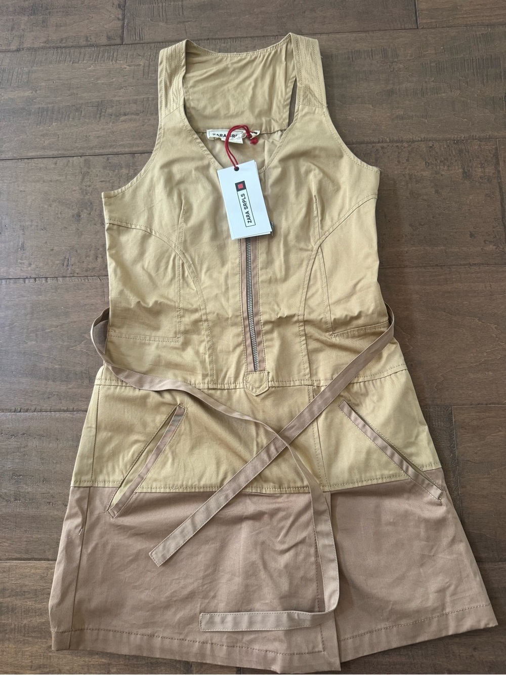 Two-Tone Tan & Brown Sleeveless Mini Dress with Front Zip